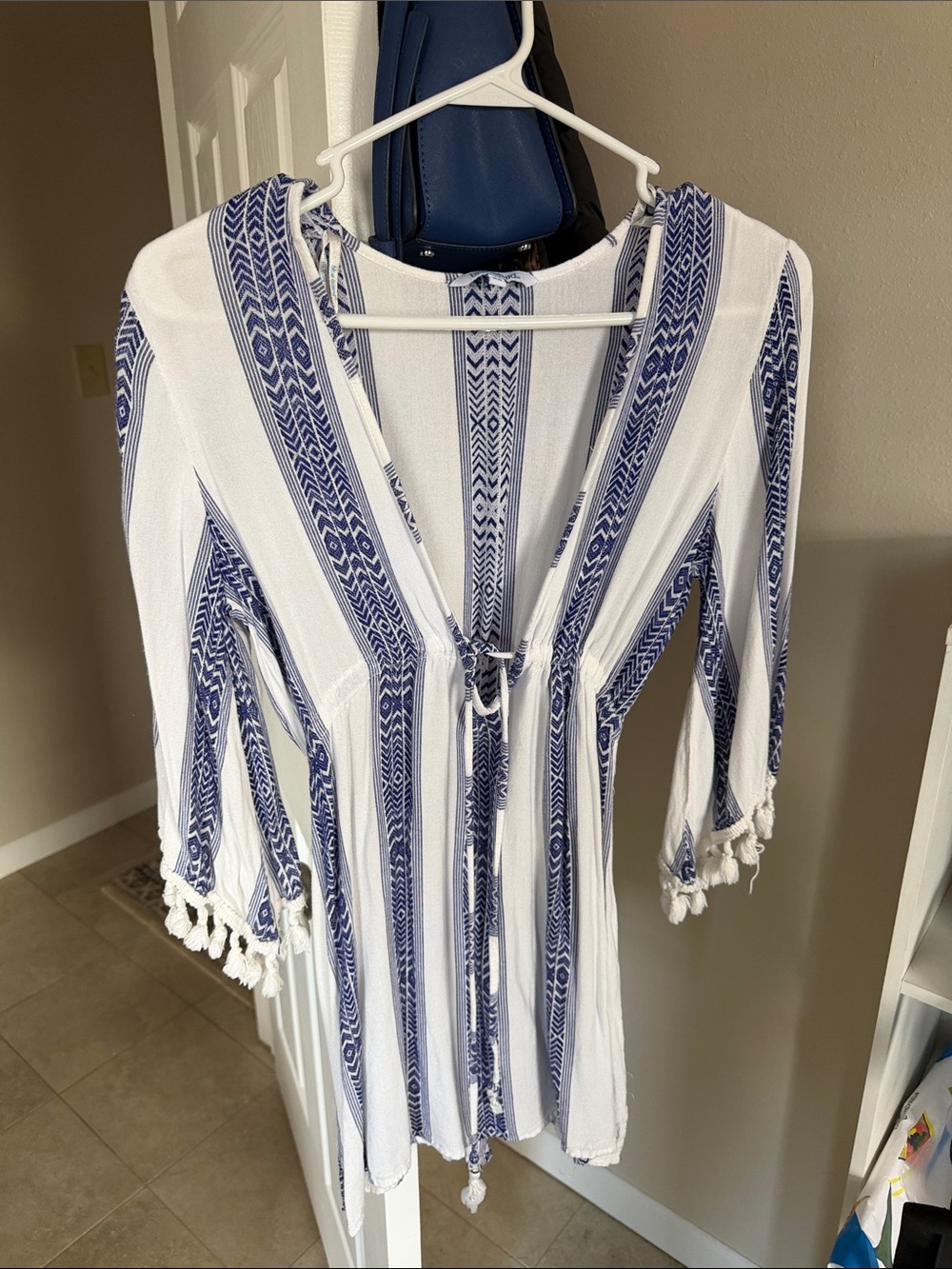 blue island White and Blue Striped Tassel Swim Coverup